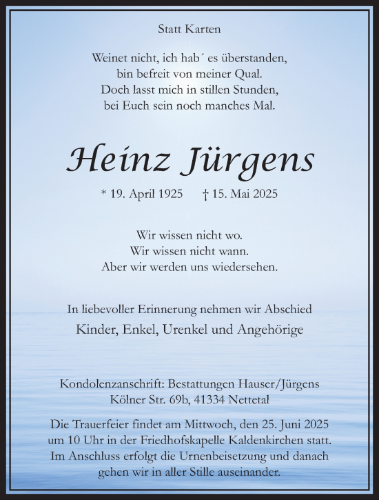Traueranzeige von Heinz Jürgens von trauer.extra-tipp-moenchengladbach.de