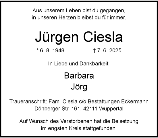 Traueranzeige von Jürgen Ciesla von trauer.wuppertaler-rundschau.de