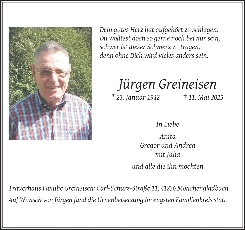  Traueranzeige für Jürgen Greineisen vom 01.06.2025 aus trauer.extra-tipp-moenchengladbach.de