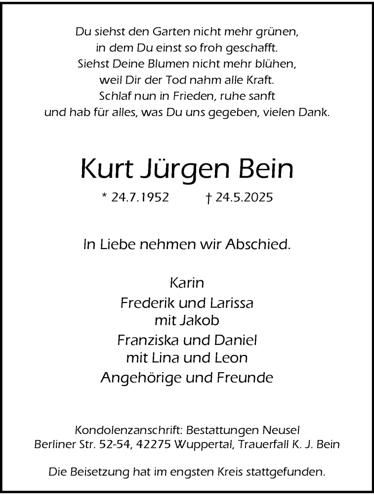  Traueranzeige für Kurt Jürgen Bein vom 14.06.2025 aus trauer.wuppertaler-rundschau.de