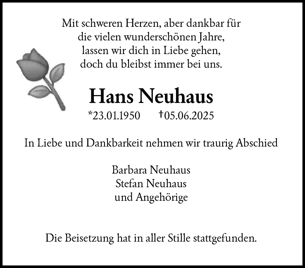  Traueranzeige für Hans Neuhaus vom 05.07.2025 aus trauer.wuppertaler-rundschau.de