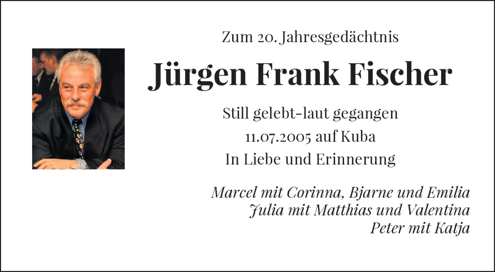  Traueranzeige für Jürgen Frank Fischer vom 12.07.2025 aus trauer.wuppertaler-rundschau.de