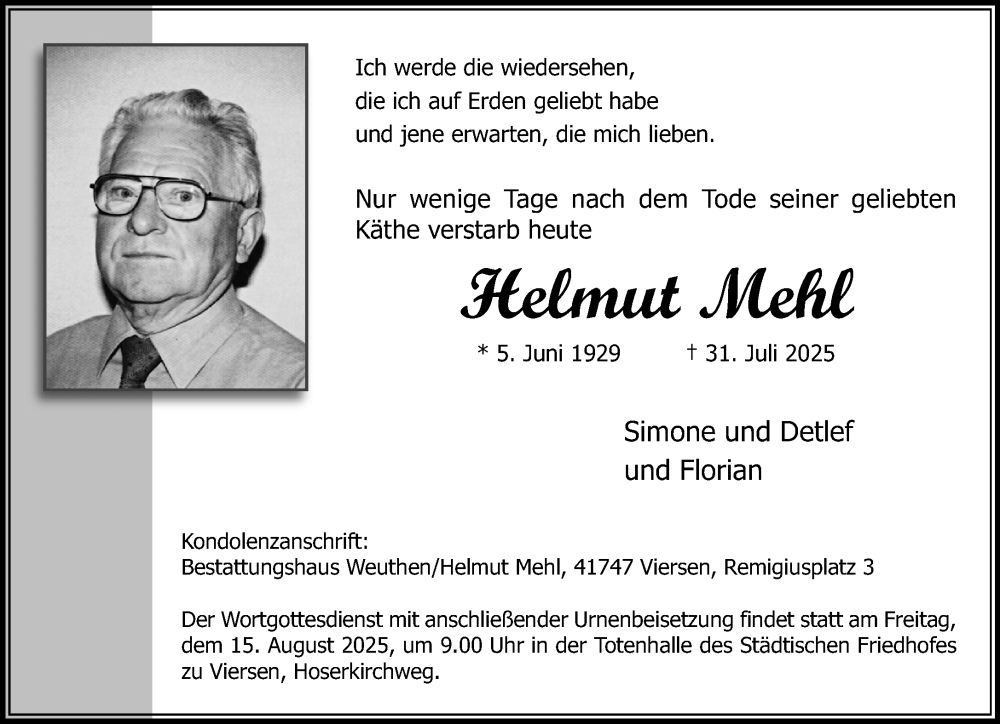  Traueranzeige für Helmut Mehl vom 10.08.2025 aus trauer.extra-tipp-moenchengladbach.de