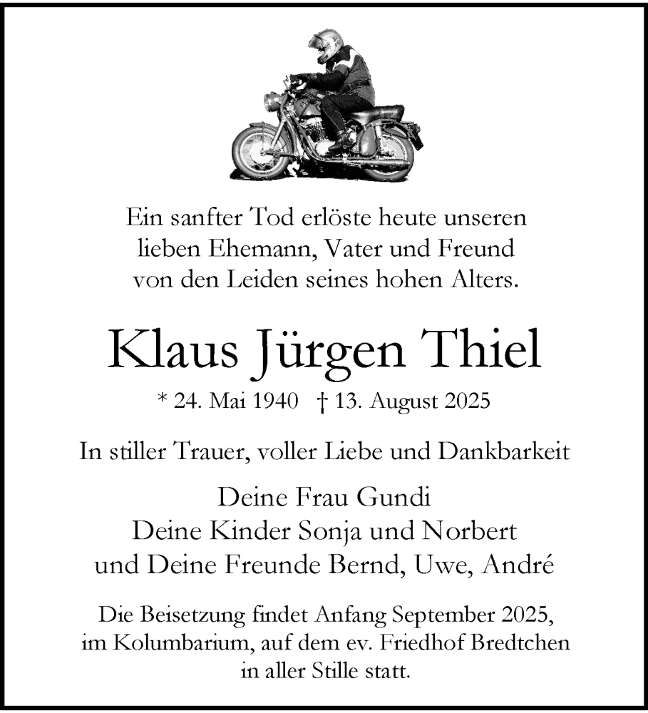  Traueranzeige für Klaus Jürgen Thiel vom 23.08.2025 aus trauer.wuppertaler-rundschau.de