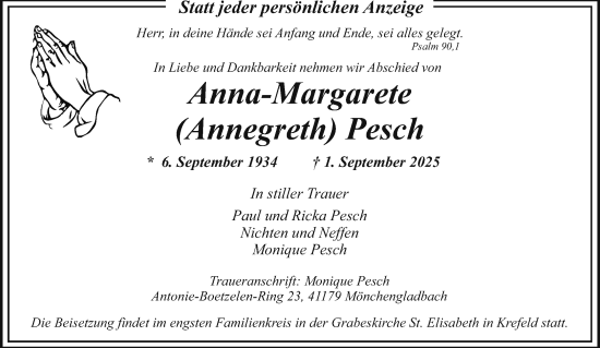 Traueranzeige von Anna-Margarete Pesch von trauer.panorama-anzeigenblatt.de
