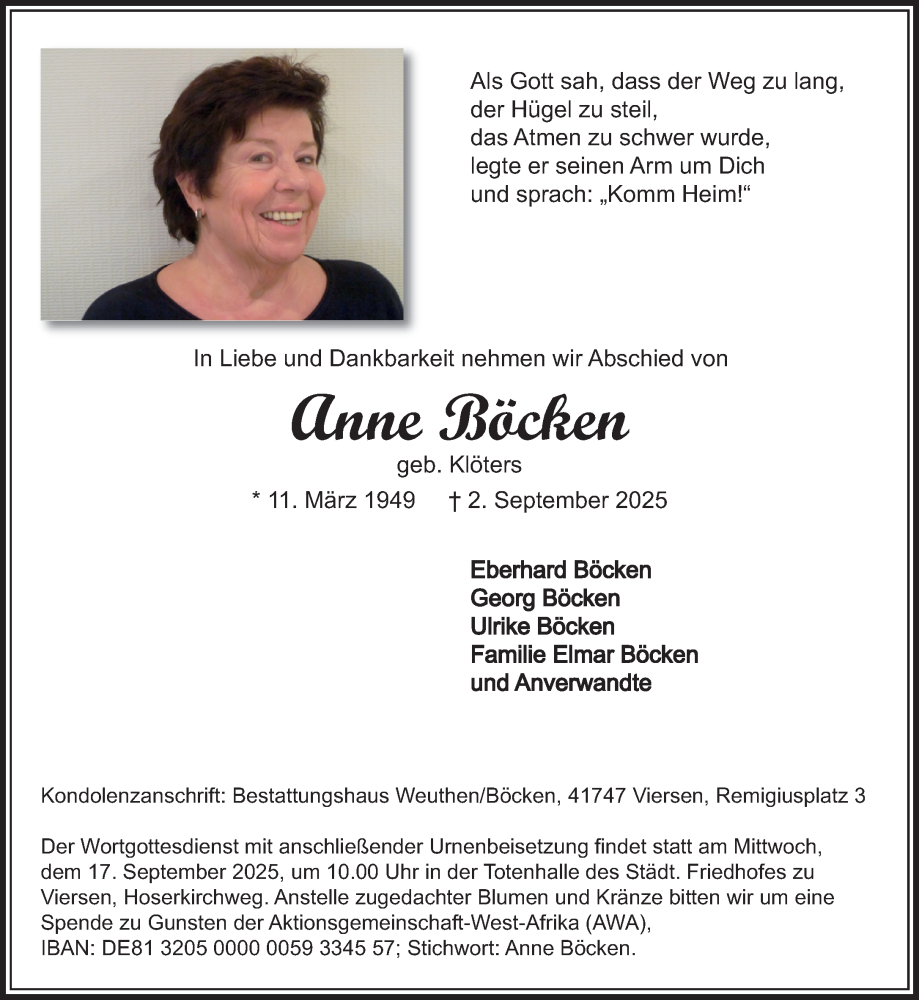  Traueranzeige für Anne Böcken vom 14.09.2025 aus trauer.panorama-anzeigenblatt.de