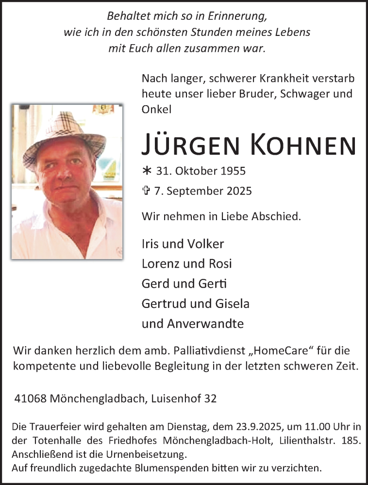  Traueranzeige für Jürgen Kohnen vom 14.09.2025 aus trauer.panorama-anzeigenblatt.de