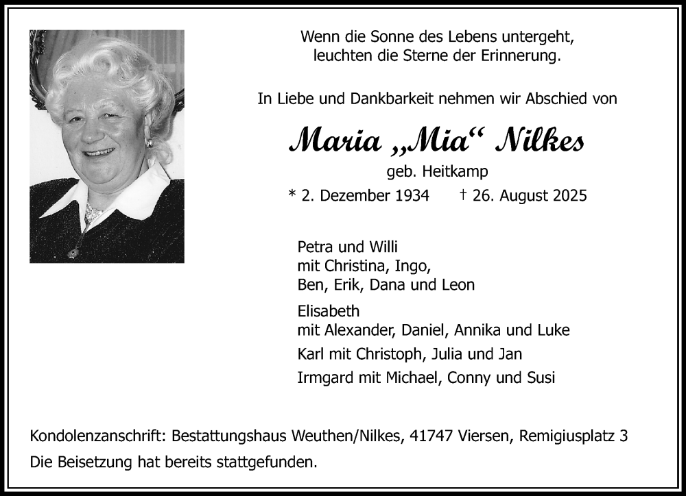  Traueranzeige für Maria  Nilkes vom 07.09.2025 aus Rheinisch-Bergische Anzeigenblatt