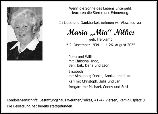Traueranzeige von Maria  Nilkes von Rheinisch-Bergische Anzeigenblatt