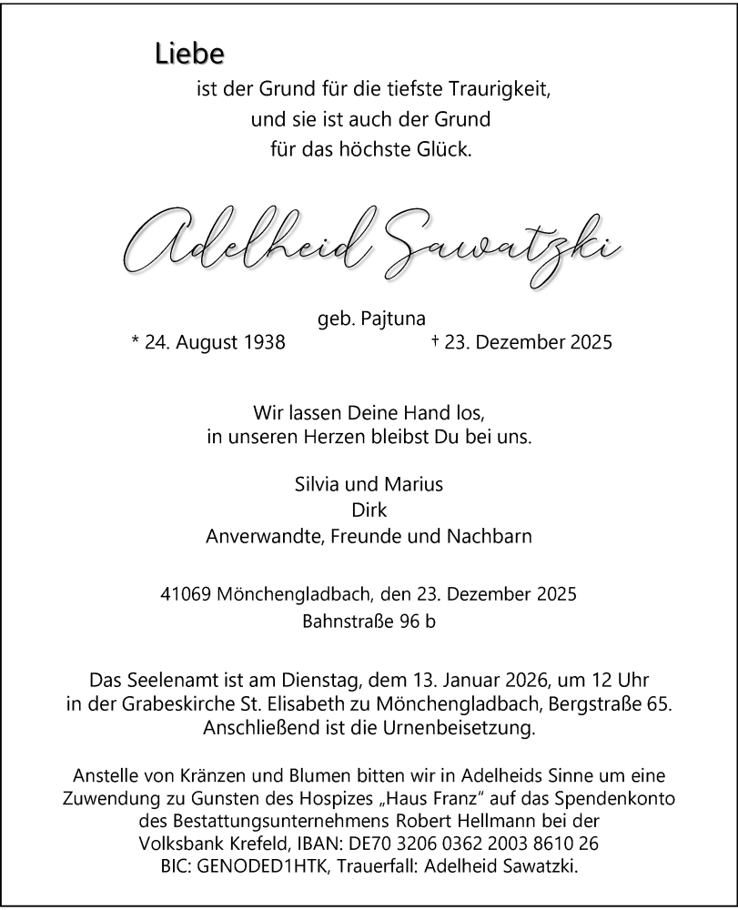  Traueranzeige für Adelheid Sawatzki vom 11.01.2026 aus trauer.panorama-anzeigenblatt.de