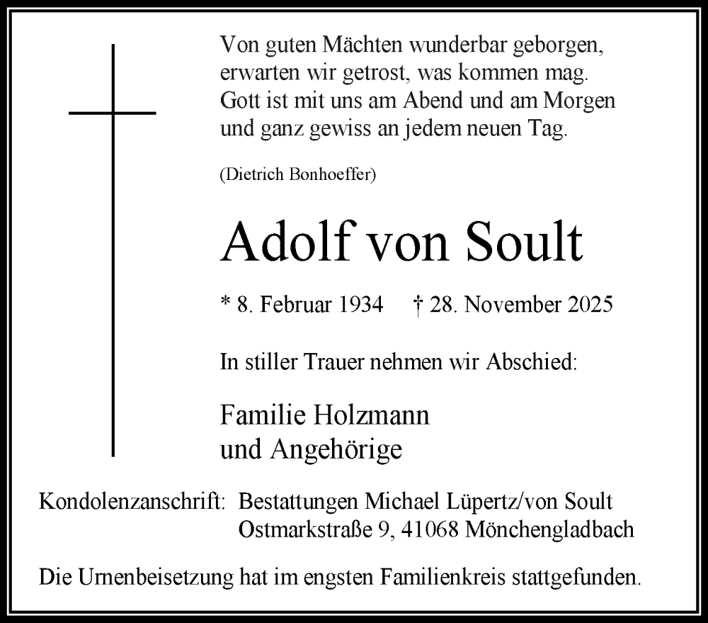  Traueranzeige für Adolf von Soult vom 18.01.2026 aus trauer.panorama-anzeigenblatt.de