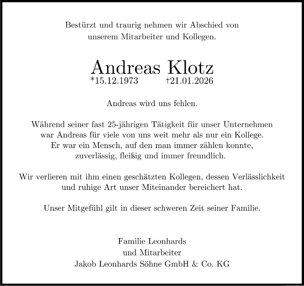  Traueranzeige für Andreas Klotz vom 24.01.2026 aus trauer.wuppertaler-rundschau.de