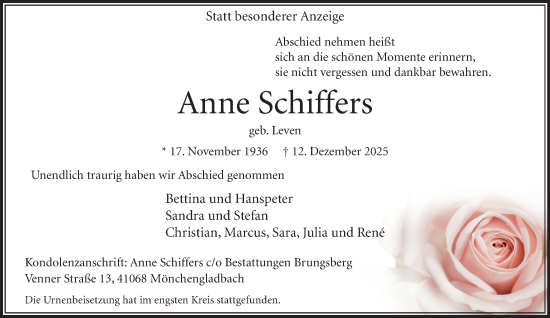 Traueranzeige von Anne Schiffers von trauer.panorama-anzeigenblatt.de