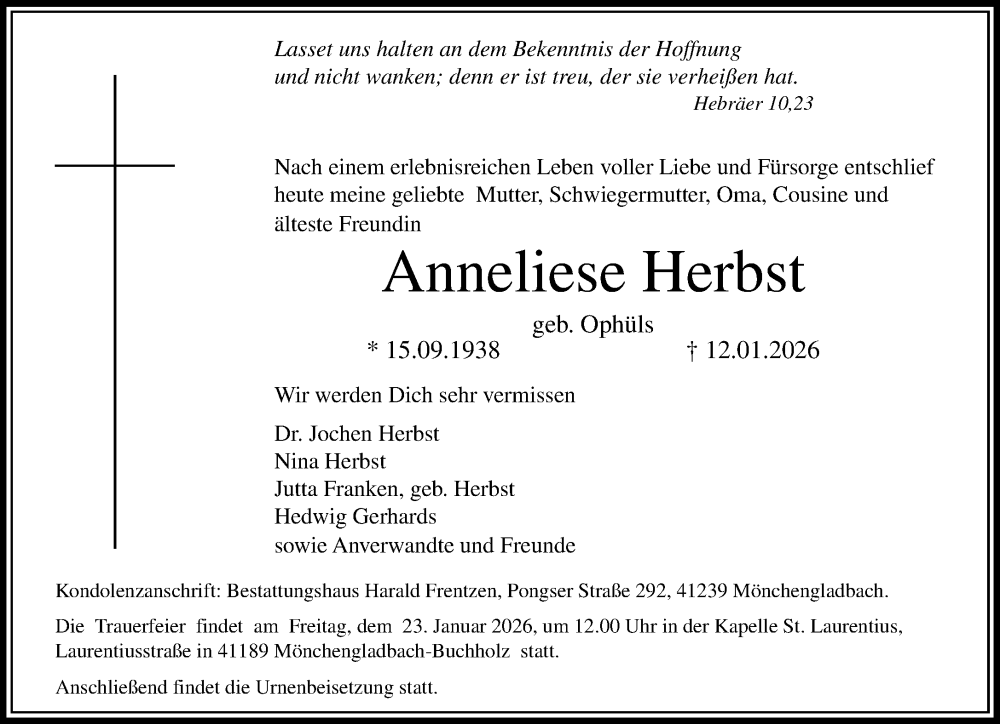  Traueranzeige für Anneliese Herbst vom 18.01.2026 aus trauer.panorama-anzeigenblatt.de