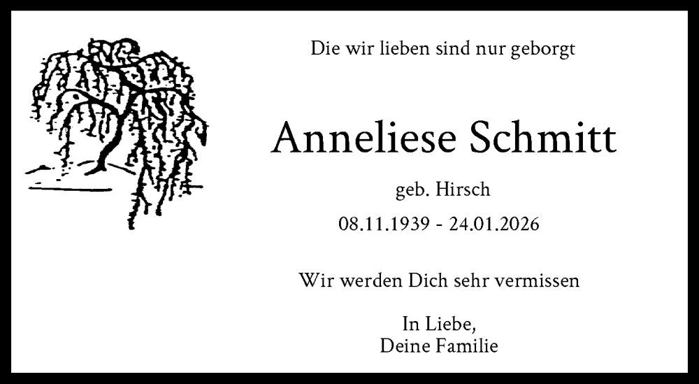  Traueranzeige für Anneliese Schmitt vom 31.01.2026 aus trauer.wuppertaler-rundschau.de