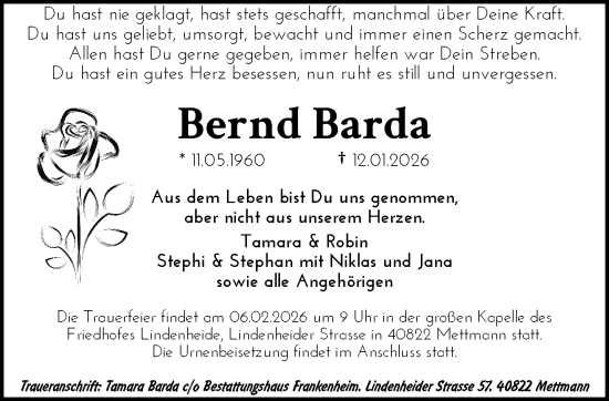 Traueranzeige von Bernd Barda von trauer.panorama-anzeigenblatt.de