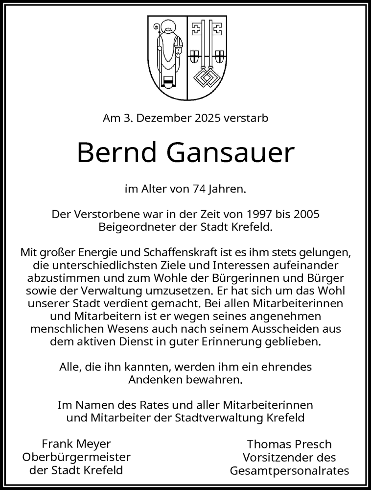  Traueranzeige für Bernd Gansauer vom 11.01.2026 aus trauer.panorama-anzeigenblatt.de