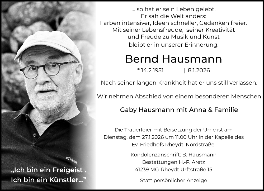  Traueranzeige für Bernd Hausmann vom 18.01.2026 aus trauer.panorama-anzeigenblatt.de