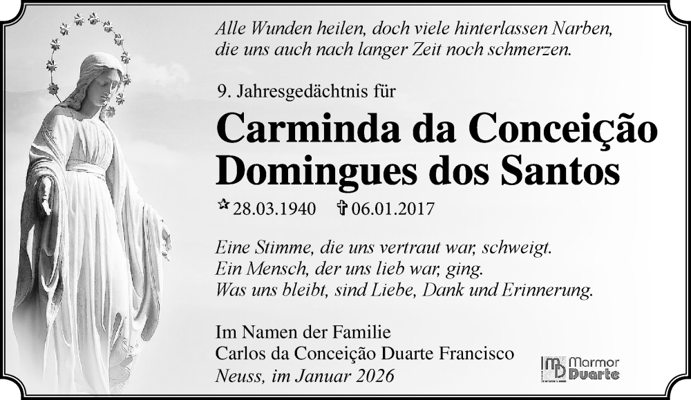 Traueranzeige für Carminda da ConceiÇão Domingues dos Santos vom 03.01.2026 aus trauer.stadt-kurier.de