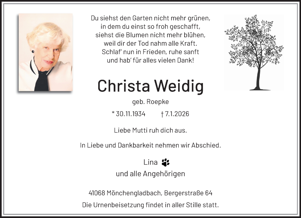  Traueranzeige für Christa Weidig vom 18.01.2026 aus trauer.panorama-anzeigenblatt.de