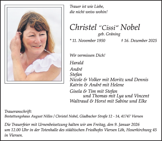 Traueranzeige von Christel Nobel von trauer.panorama-anzeigenblatt.de