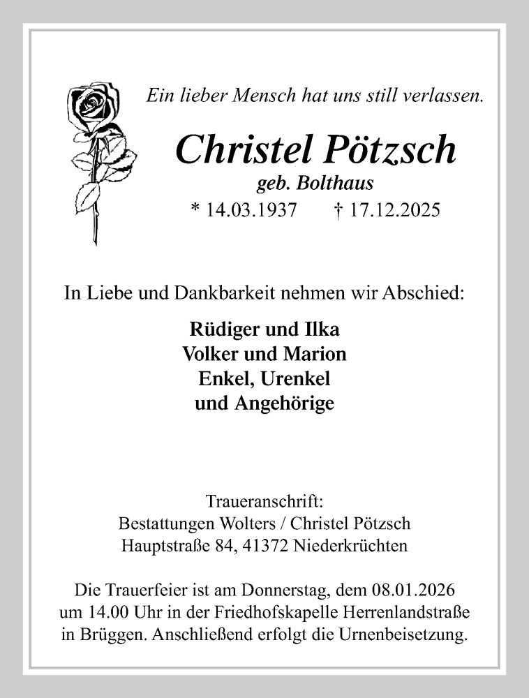  Traueranzeige für Christel Pötzsch vom 04.01.2026 aus trauer.panorama-anzeigenblatt.de