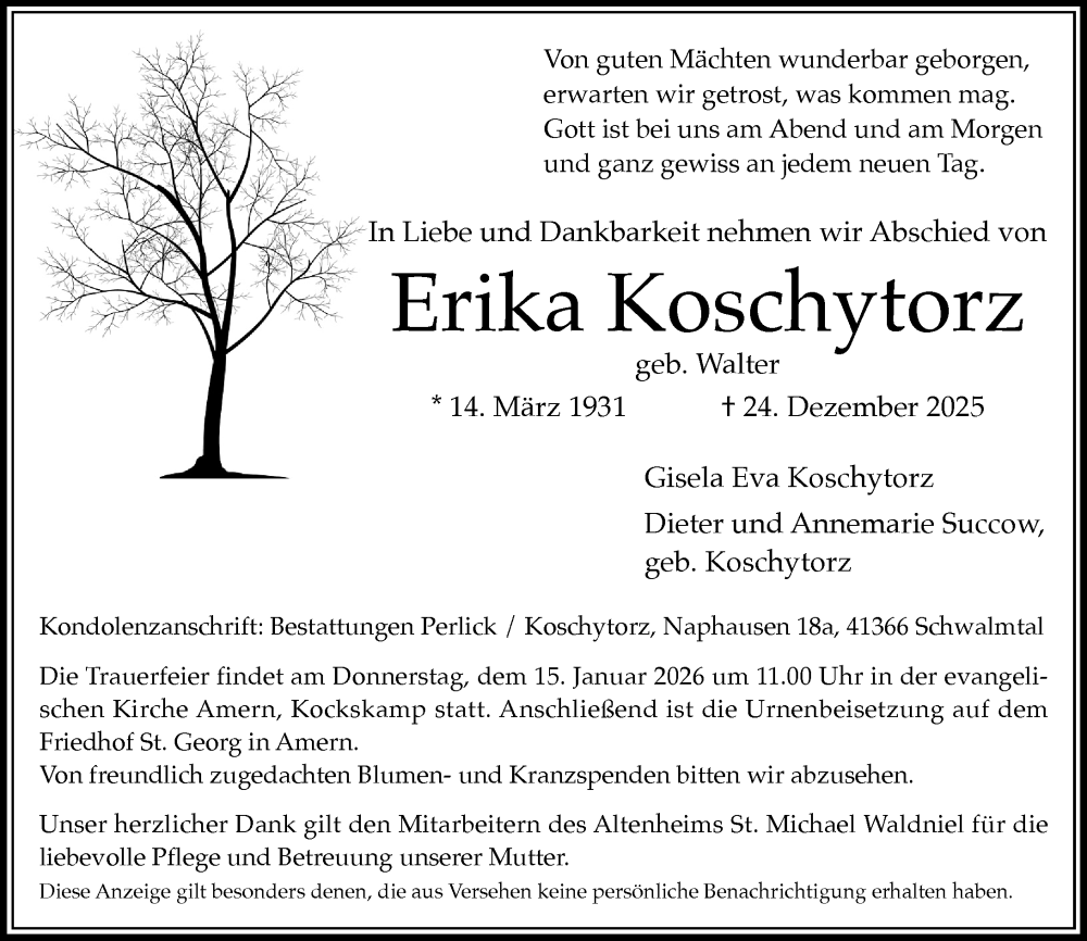  Traueranzeige für Erika Koschytorz vom 11.01.2026 aus trauer.panorama-anzeigenblatt.de