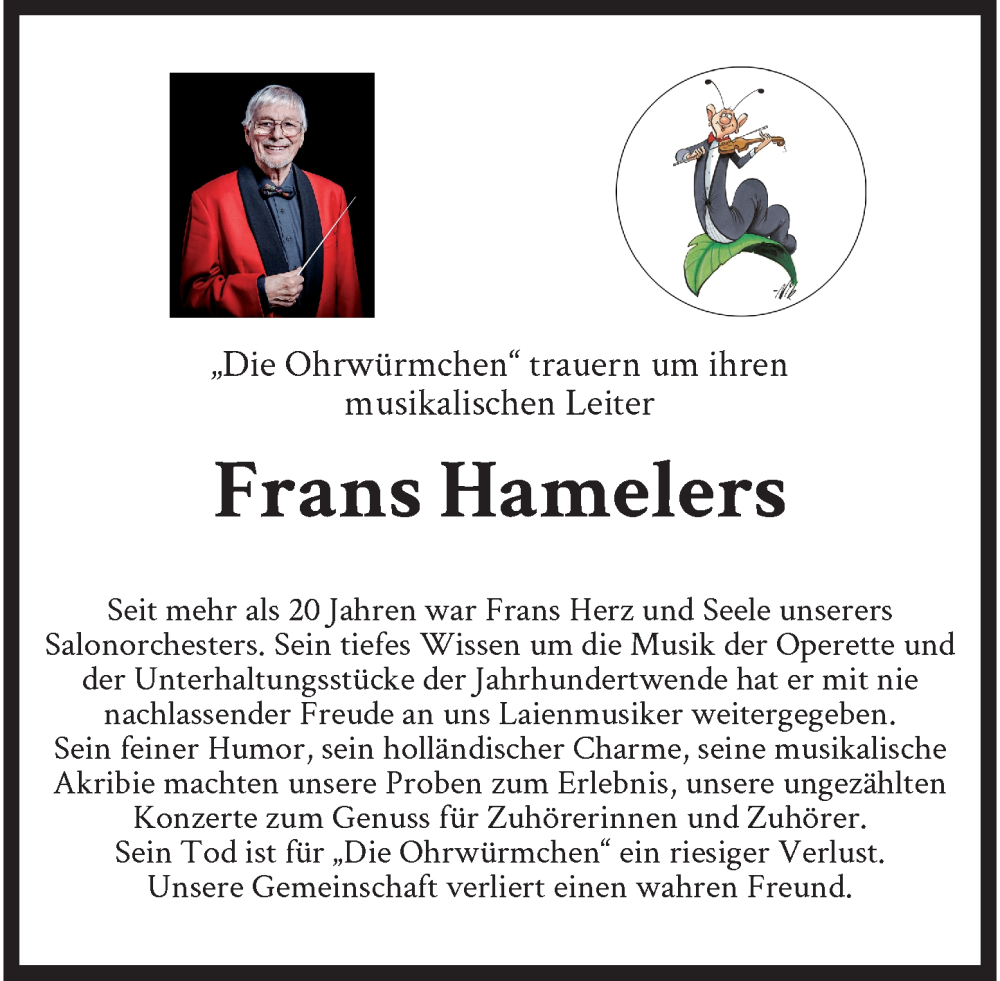  Traueranzeige für Frans Hamelers vom 25.01.2026 aus trauer.panorama-anzeigenblatt.de