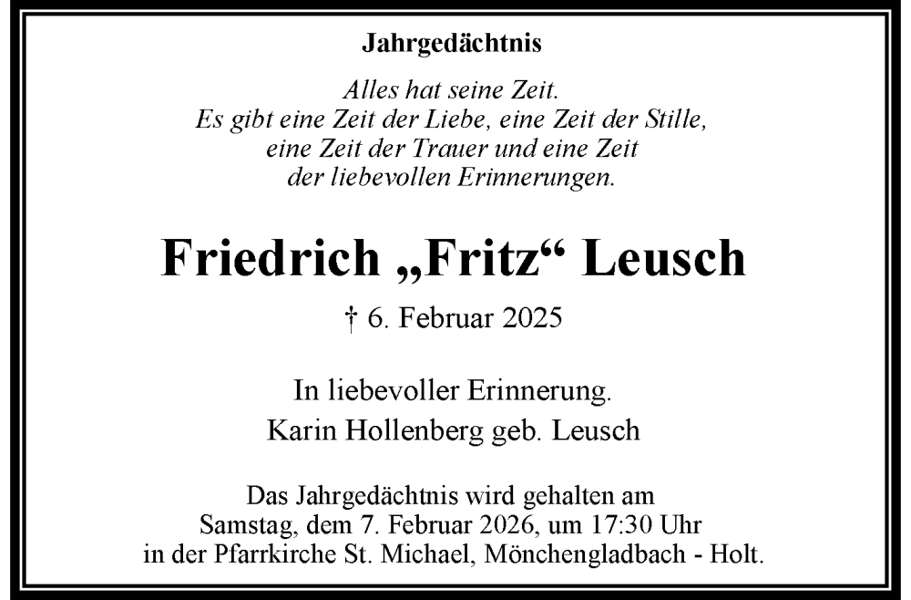  Traueranzeige für Friedrich Leusch vom 01.02.2026 aus trauer.panorama-anzeigenblatt.de