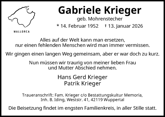 Traueranzeige von Gabriele Krieger von trauer.wuppertaler-rundschau.de