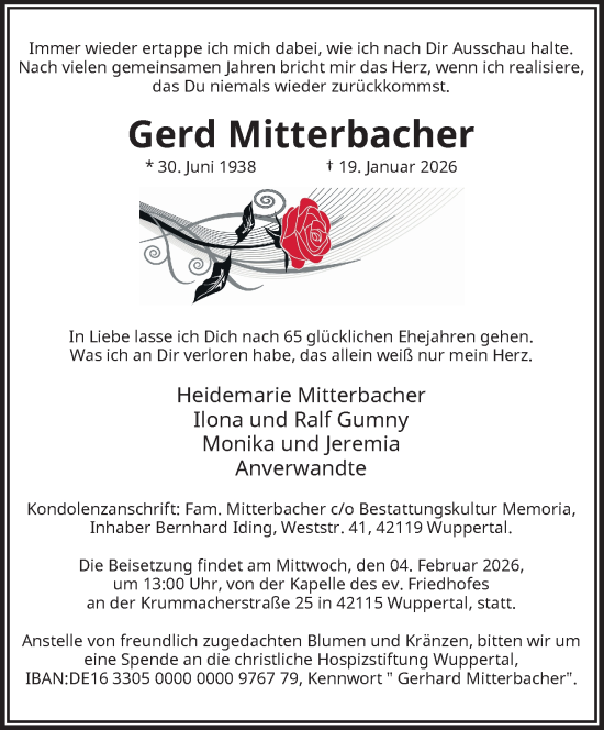 Traueranzeige von Gerd Mitterbacher von trauer.wuppertaler-rundschau.de
