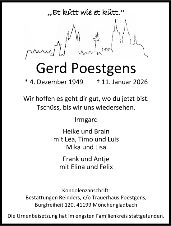 Traueranzeige von Gerd Poestgens von trauer.stadt-kurier.de