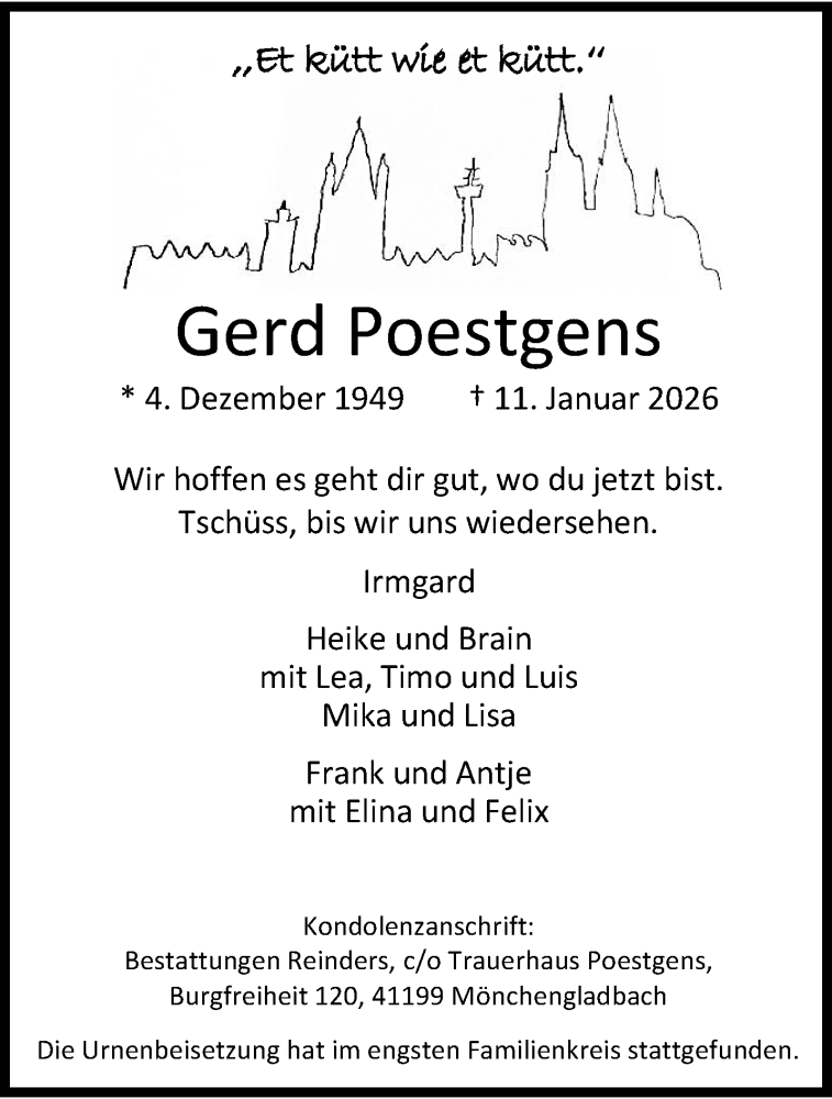  Traueranzeige für Gerd Poestgens vom 31.01.2026 aus trauer.stadt-kurier.de