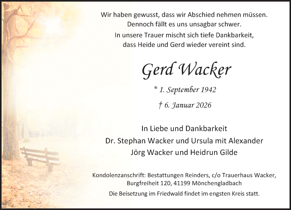  Traueranzeige für Gerd Wacker vom 17.01.2026 aus trauer.stadt-kurier.de