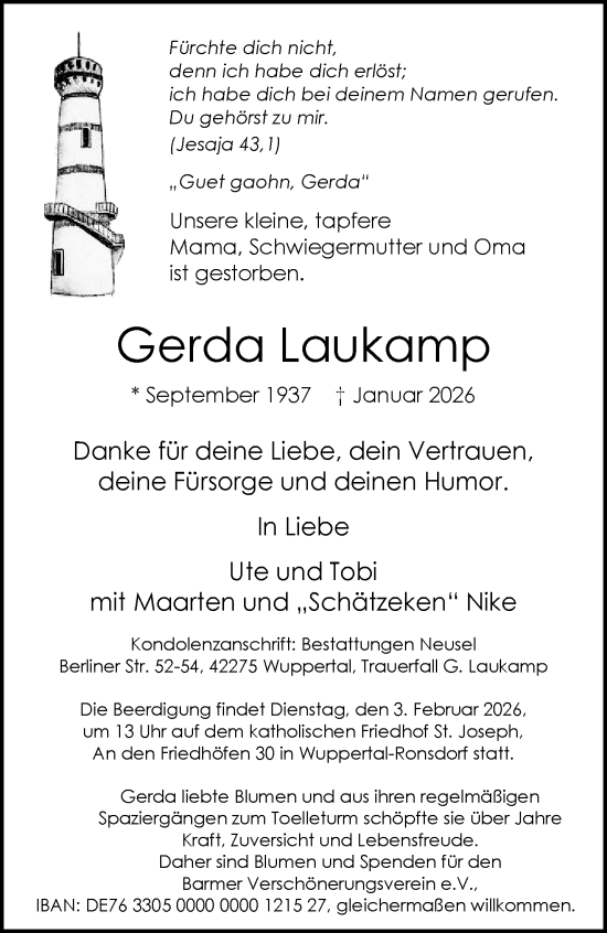 Traueranzeige von Gerda Laukamp von trauer.wuppertaler-rundschau.de