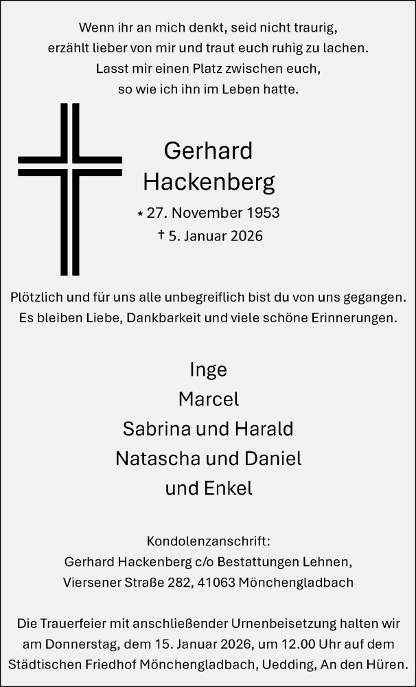  Traueranzeige für Gerhard Hackenberg vom 11.01.2026 aus trauer.panorama-anzeigenblatt.de