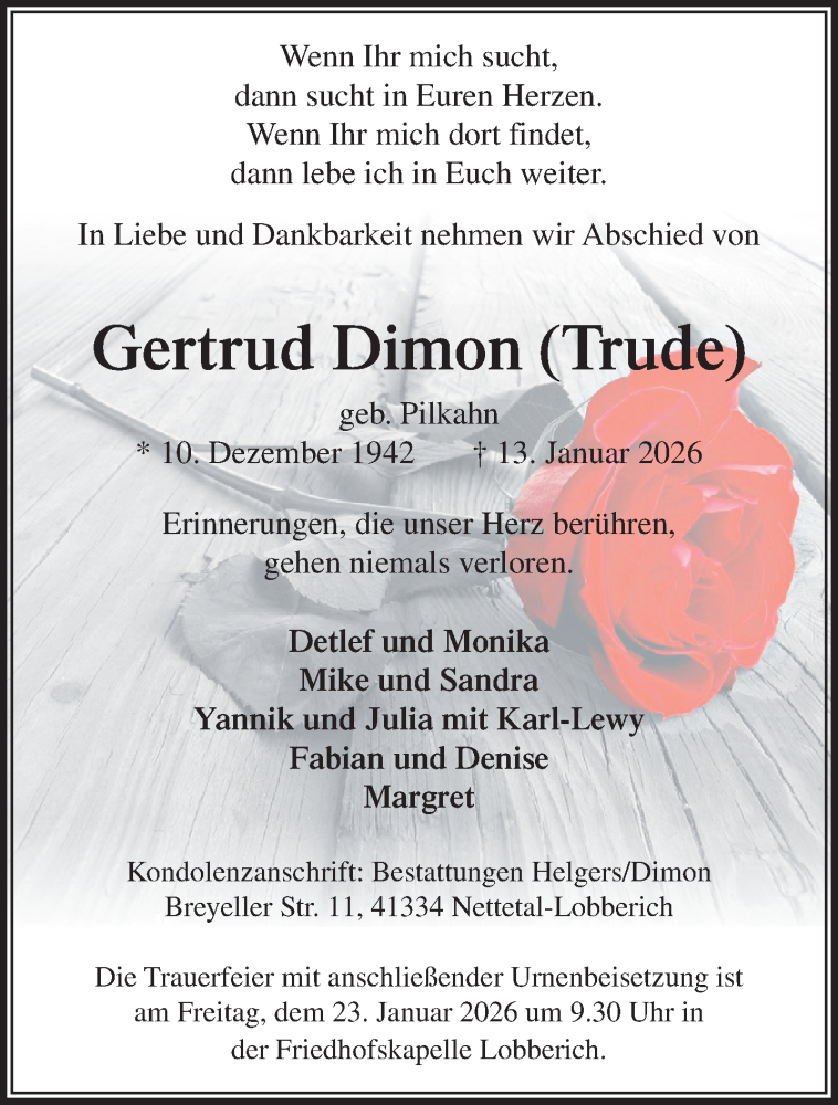  Traueranzeige für Gertrud Dimon vom 18.01.2026 aus trauer.panorama-anzeigenblatt.de
