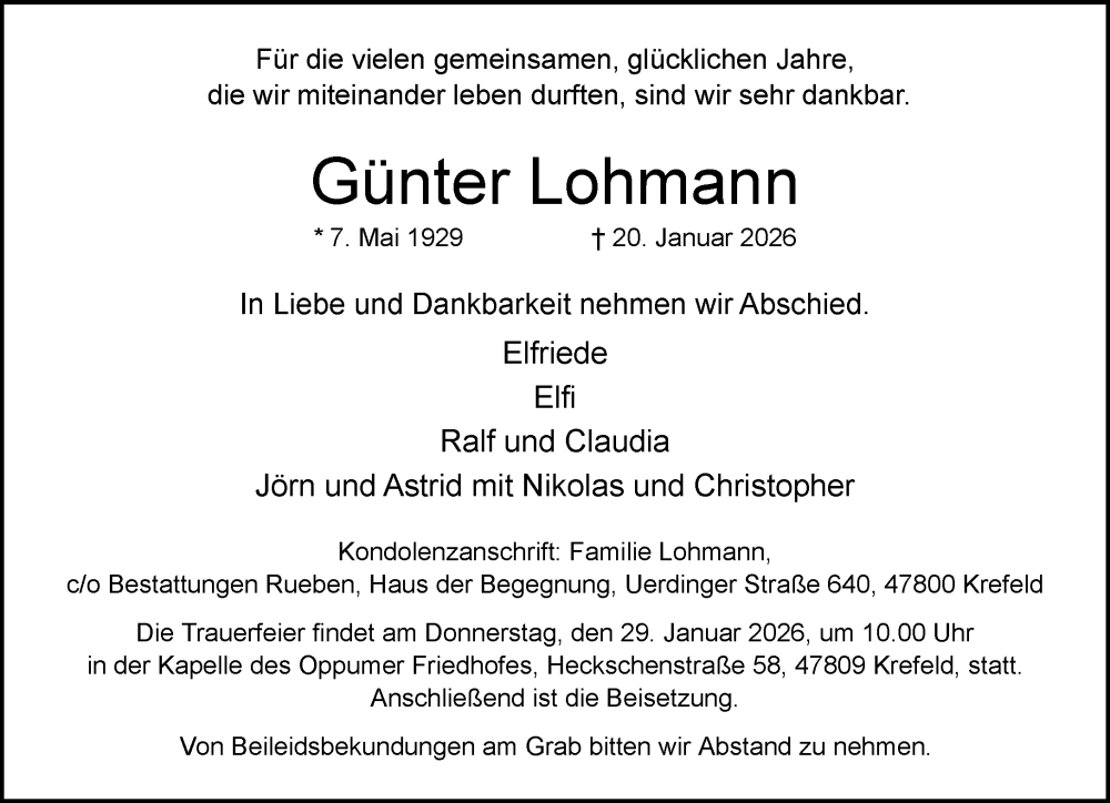  Traueranzeige für Günter Lohmann vom 25.01.2026 aus trauer.panorama-anzeigenblatt.de