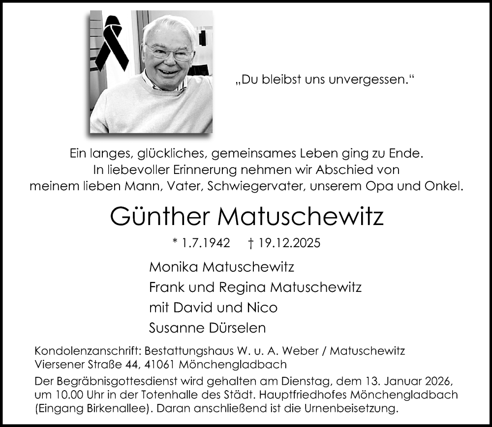  Traueranzeige für Günther Matuschewitz vom 04.01.2026 aus trauer.panorama-anzeigenblatt.de