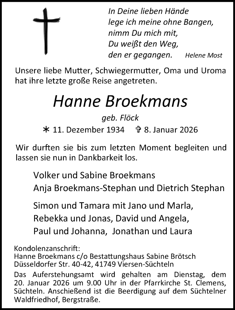  Traueranzeige für Hanne Broekmans vom 18.01.2026 aus trauer.panorama-anzeigenblatt.de