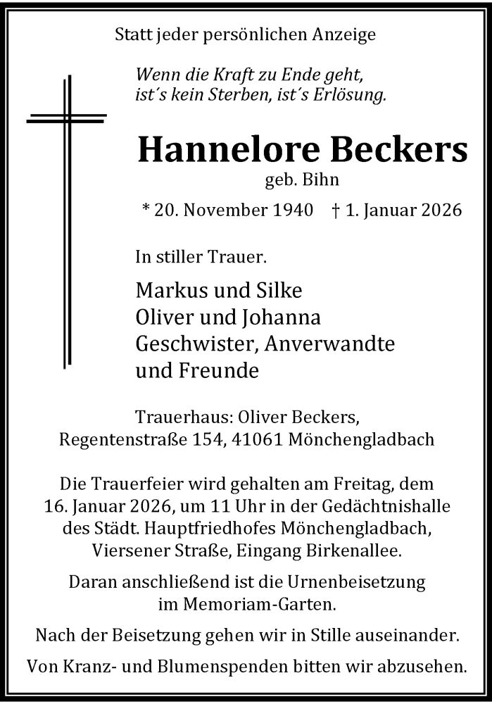  Traueranzeige für Hannelore Beckers vom 11.01.2026 aus trauer.panorama-anzeigenblatt.de