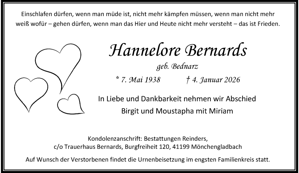  Traueranzeige für Hannelore Bernards vom 11.01.2026 aus trauer.panorama-anzeigenblatt.de