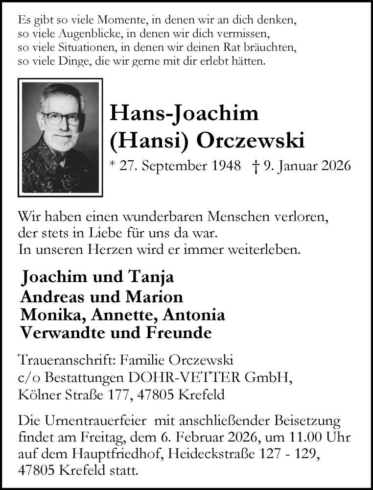  Traueranzeige für Hans-Joachim Orczewski vom 01.02.2026 aus trauer.panorama-anzeigenblatt.de