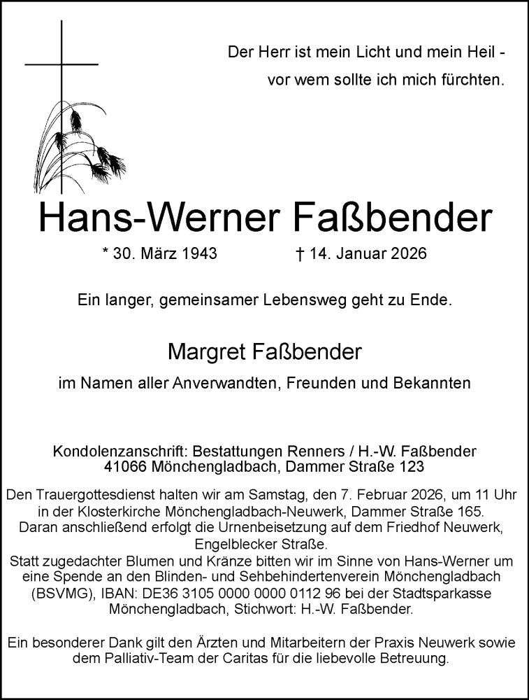  Traueranzeige für Hans-Werner Faßbender vom 25.01.2026 aus trauer.panorama-anzeigenblatt.de