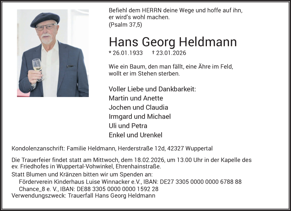  Traueranzeige für Hans Georg Heldmann vom 31.01.2026 aus trauer.wuppertaler-rundschau.de