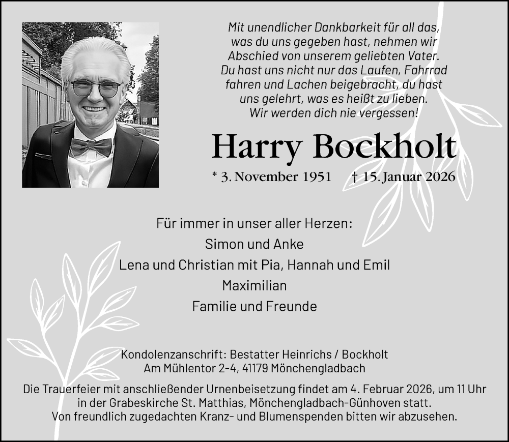  Traueranzeige für Harry Bockholt vom 25.01.2026 aus trauer.panorama-anzeigenblatt.de