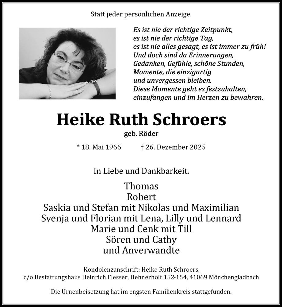  Traueranzeige für Heike Ruth Schroers vom 18.01.2026 aus trauer.panorama-anzeigenblatt.de