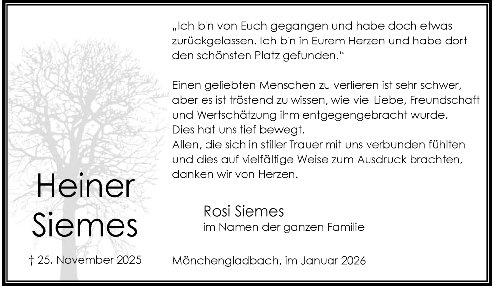  Traueranzeige für Heiner Siemes vom 11.01.2026 aus trauer.panorama-anzeigenblatt.de
