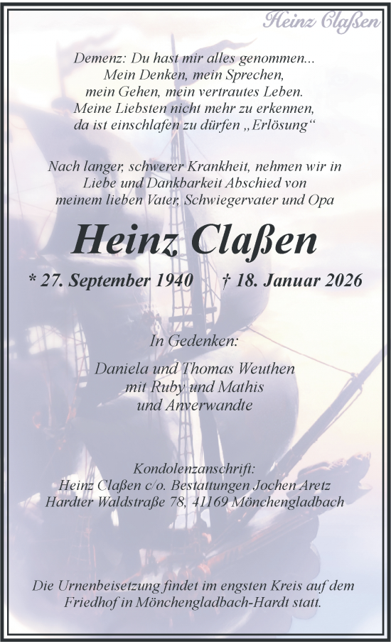 Traueranzeige von Heinz Claßen von trauer.panorama-anzeigenblatt.de