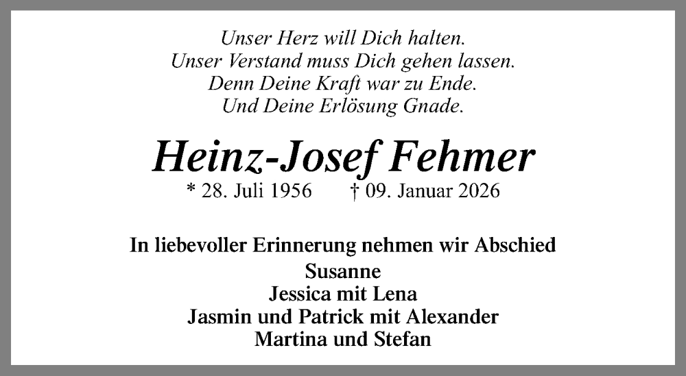  Traueranzeige für Heinz-Josef Fehmer vom 18.01.2026 aus trauer.panorama-anzeigenblatt.de